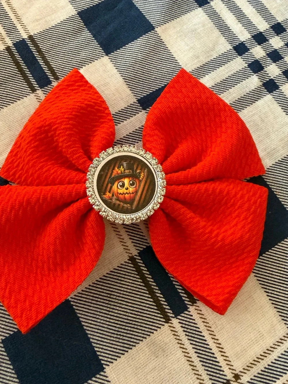 Orange Halloween Bow Hair Clip with Pumpkin Center
